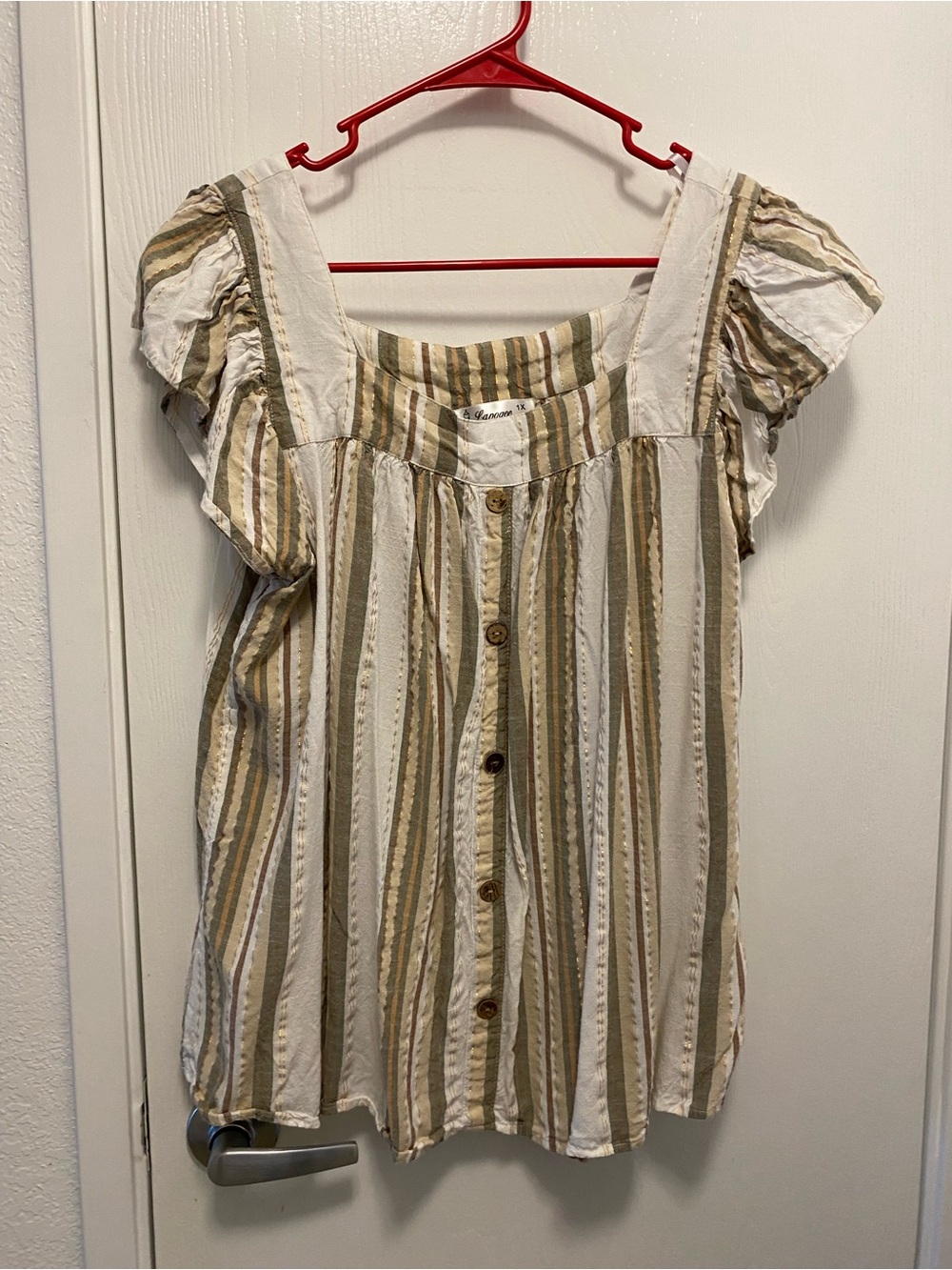 Button-Front Square Neck Striped Blouse in Cream and Olive